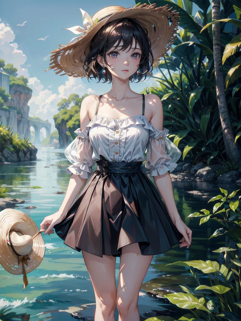 absurdres, RAW photo, extremely delicate and beautiful, masterpiece, Best Quality, ultra high resolution, 32k, hyperrealistic, ultra-detailed, perfect figure, Perfect Style, Perfect balance, in her 20s, very small head, very small face, delicate facial features, tearful mole, earring, very huge round breasts, full body shot, whole legs, short medium hair, wavy hair, outdoor, blouse, bare collarbone, skirt, straw hat,