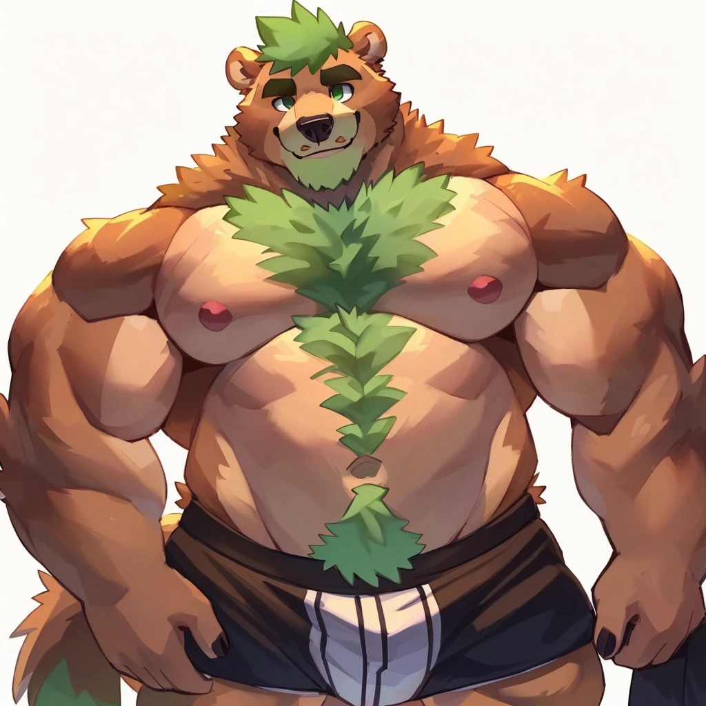 a caramel brown colored fur and hyper muscular grizzly bear, green hair, green eyes, closed smile, bara bear, himbo body, dressed with black boxers, high quality furry art, chibi style.