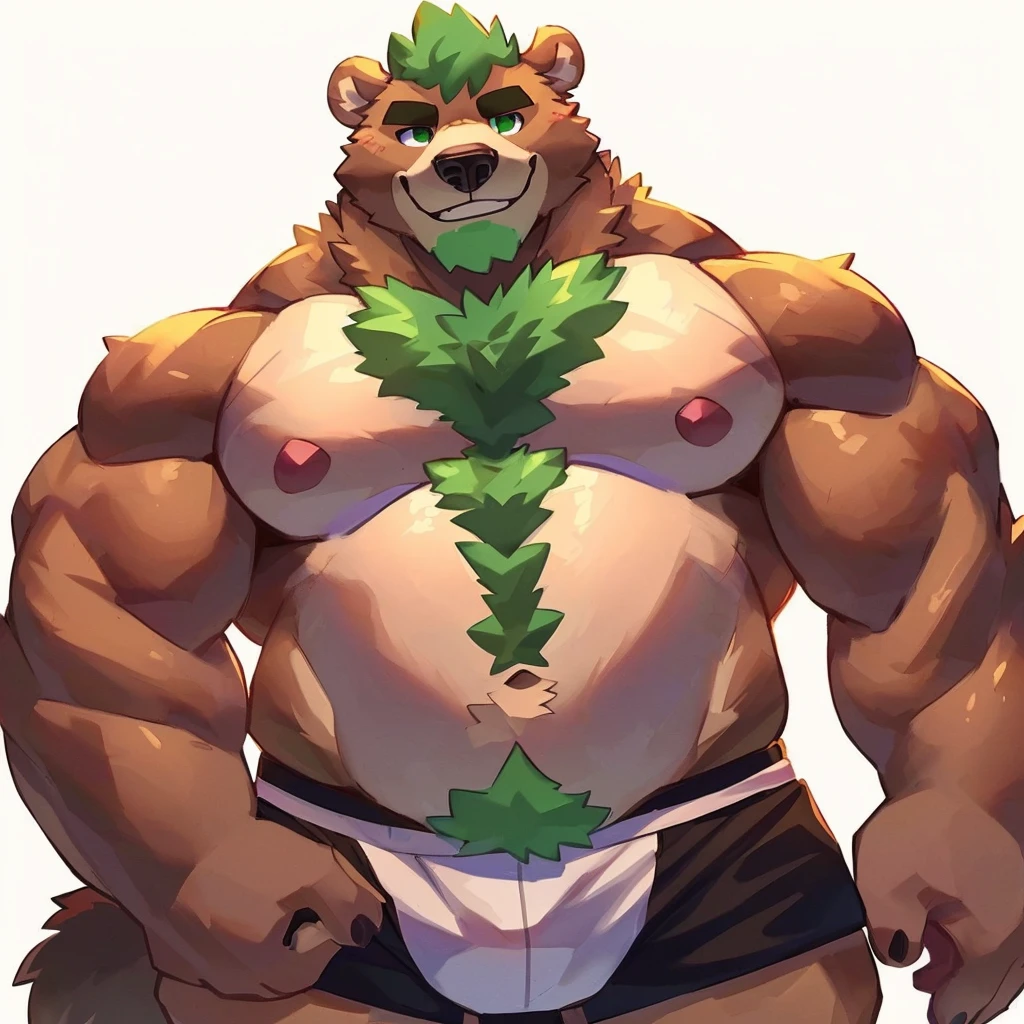 a caramel brown colored fur and hyper muscular grizzly bear, green hair, green eyes, closed smile, bara bear, himbo body, dressed with black boxers, high quality furry art, chibi style.