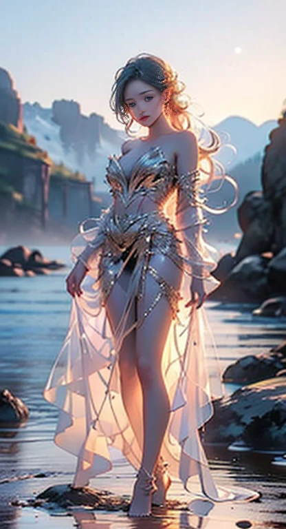 luminescent, ((bare shoulders)), ((whole body)), actual, Fashion girl, red lips, adult, cosmetics, big eyes, fair eyes, ((whole body)), ((from below)), (best quality, masterpiece:1.2), super detailed, (actual:1.37), ((Sexy long legs)), fair, young and energetic, Charming model with, big breasts, split, (exquisite eyes, delicate lips, extremely exquisite eyes), Show a bright smile, Create stunning girl images, Warm colors, Extremely high color saturation, official art, Extremely detailed CG unified 8K wallpaper,(high dynamic range :1.4), (cinematic),(pastel colors, The color is dull, soothing tone :1.3), (natural skin texture, ultra-actual, soft light, sharp),(Very detailed), night, moonlight, ((in mountains, plant, Leaning against the rocks))