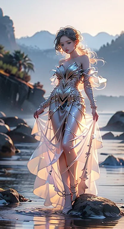 luminescent, ((bare shoulders)), ((whole body)), actual, Fashion girl, red lips, adult, cosmetics, big eyes, fair eyes, ((whole body)), ((from below)), (best quality, masterpiece:1.2), super detailed, (actual:1.37), ((Sexy long legs)), fair, young and energetic, Charming model with, big breasts, split, (exquisite eyes, delicate lips, extremely exquisite eyes), Show a bright smile, Create stunning girl images, Warm colors, Extremely high color saturation, official art, Extremely detailed CG unified 8K wallpaper,(high dynamic range :1.4), (cinematic),(pastel colors, The color is dull, soothing tone :1.3), (natural skin texture, ultra-actual, soft light, sharp),(Very detailed), night, moonlight, ((in mountains, plant, Leaning against the rocks))