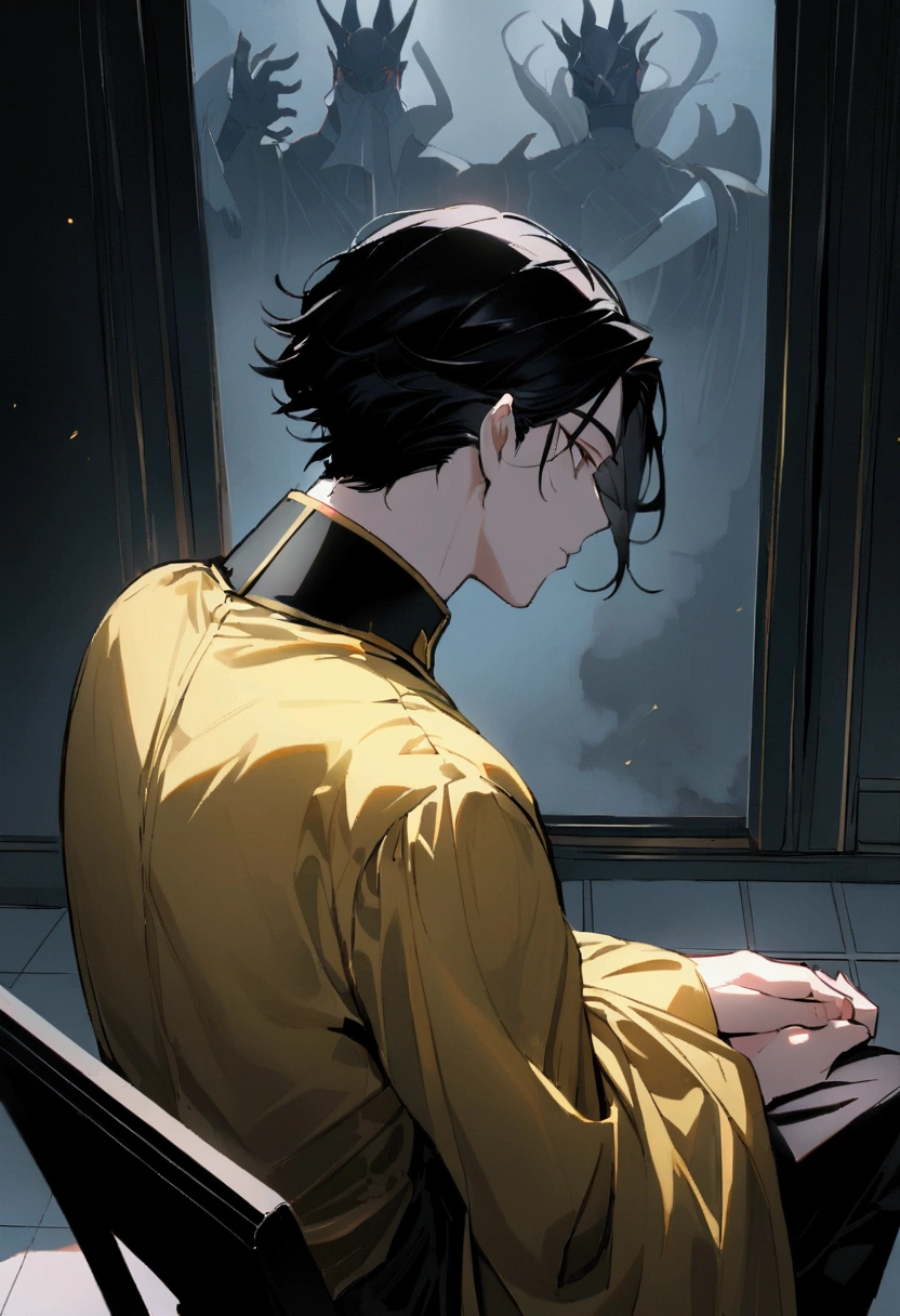 The Emperor was very young, ager with a cold and intimidating gaze, very handsome and charming, short black hair neatly styled back, height 165 and weight 67 with an elegant black and golden shirt, sitting with dignity and a cold gaze