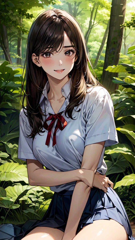 (masterpiece:1.2, top-quality, ultra high res, ultra detailed), (realistic, photorealistic:1.4), beautiful illustration, (natural side lighting, movie lighting), 
looking at viewer, (face focus, upper body), 1 girl, japanese, high school dirl, perfect face, (perfect anatomy), cute and symmetrical face, , shiny skin, slender
(long hair:1.5, straight hair:1.2, sark brown hair), parted bangs, grey eyes, long eye lasher, (medium breasts), 
beautiful hair, beautiful face, beautiful detailed eyes, beautiful clavicle, beautiful body, beautiful chest, beautiful thigh, beautiful legs, 
((detailed cloth texture, short sleeve white collared shirts, navy blue pleated mini skirt, red neck ribbon), , , 
(beautiful scenery), hands on chest, (lovely smile, upper eyes), In a wooded area, amidst thick vegetation, a girl is lying on her back with her legs wide open, holding a large dog between her legs. The girl's breasts are large and her nipples are standing out, even over her clothes.
Her face is bright red, her brow is furrowed, her mouth is open, and she looks delighted.