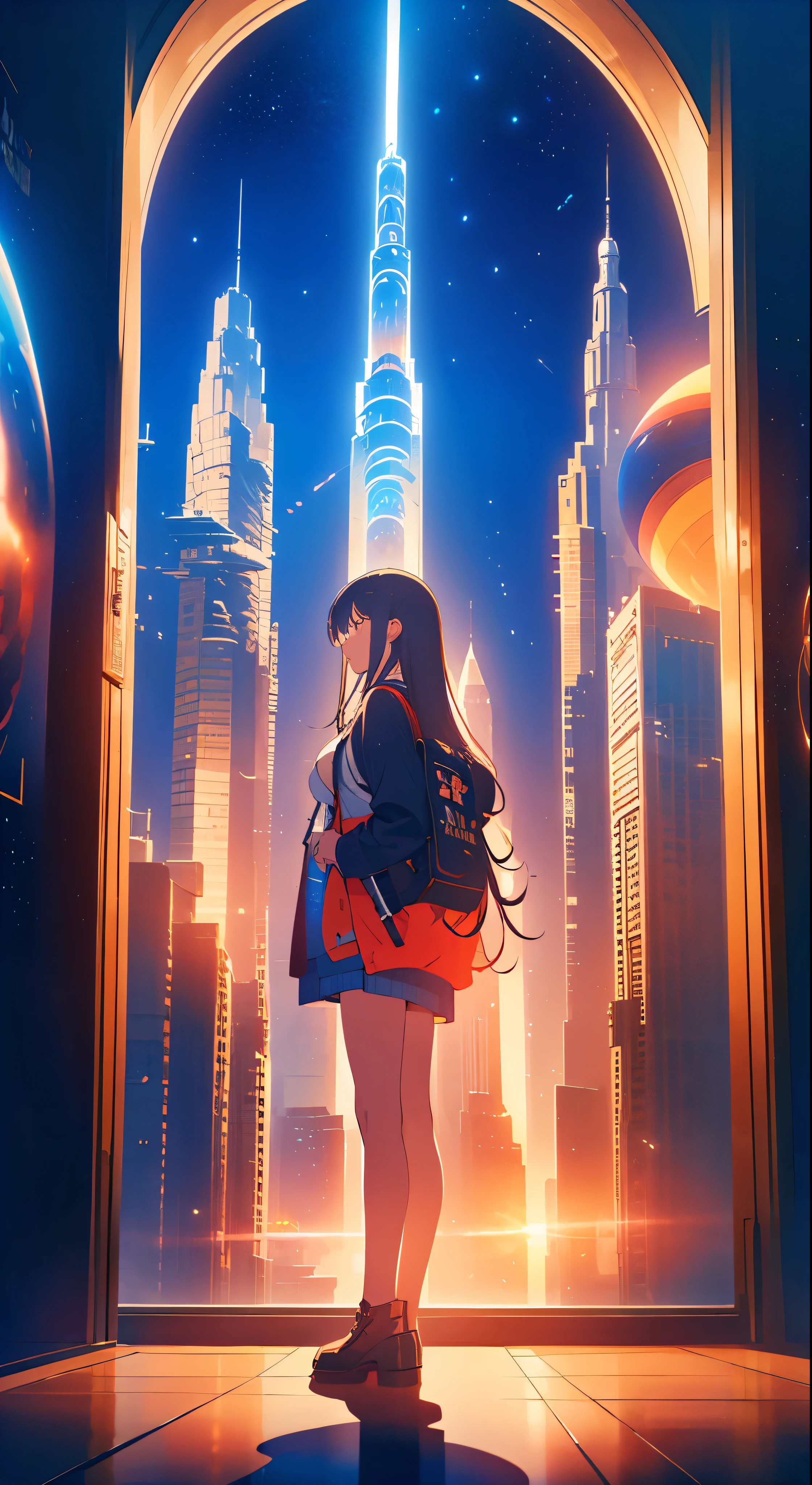 Woman standing in front of a painting of planets、Futuristic city in the background、Psytrance artwork、Interconnected Human Life、Panoramic view of a girl、progressive rock album covers、Endless Dream、Stardust、Galaxy、Stoner Lock – AR 16:9 - In the 5th.1