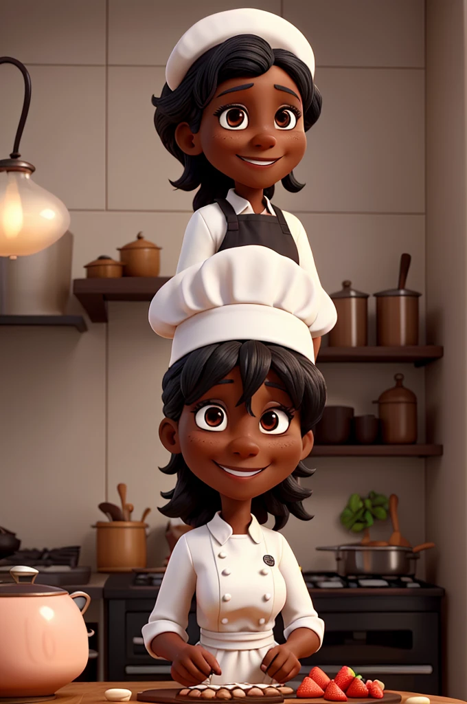 50 year old female character, friendly and smiling, with black skin, black eyes and hair, dressed in white cook uniform and chef cap, making chocolate and strawberry cakes.
