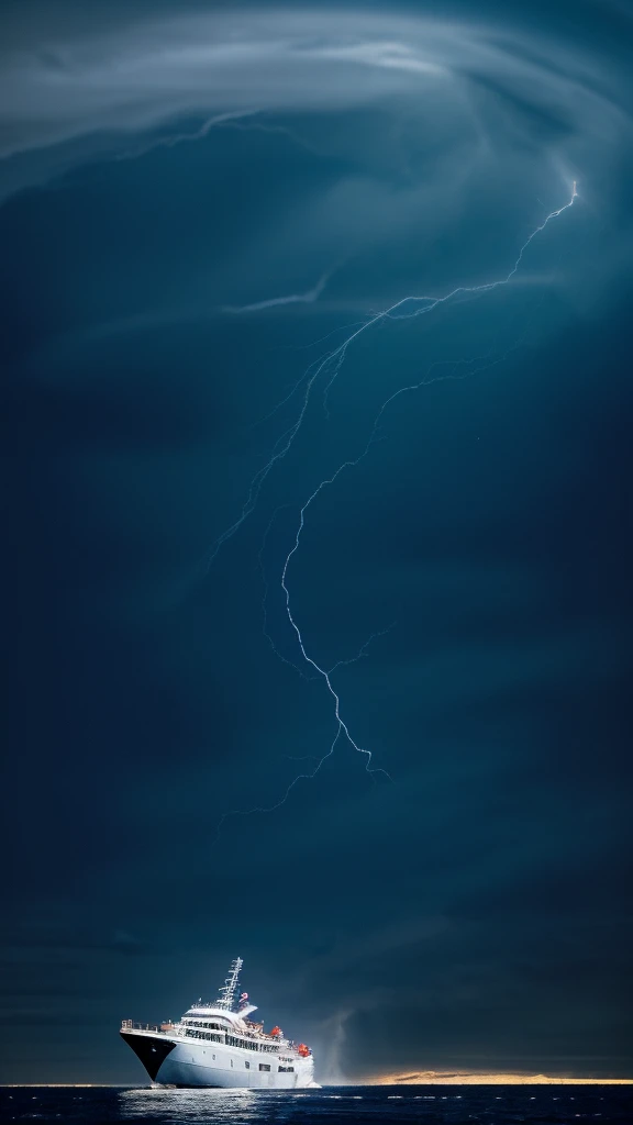 There is big blue whale middle an ocean and ready to swallow a man. Storm everywhere. Dark sky.