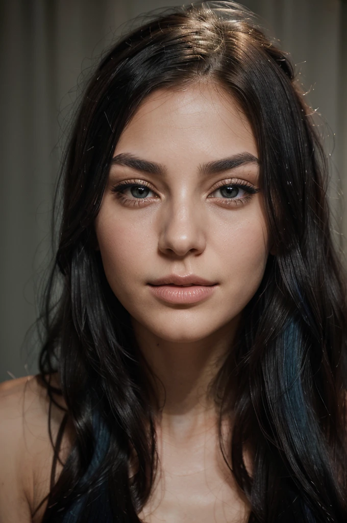 A girl with long blue hair. Her face is exquisite, with high cheekbones and smooth fair skin. Her large black eyes, framed by long thick eyelashes, are impressive and expressive, radiating calmness and confidence. Well-defined eyebrows curve gracefully above her eyes, adding intensity to her gaze. She has a small, straight nose and full, slightly parted lips that curve into a slight smile, revealing hints of mischief and allure. Her sharp, well-defined jawline gives her face a refined and elegant appearance. Incredibly beautiful woman. wavy hair, raw photo