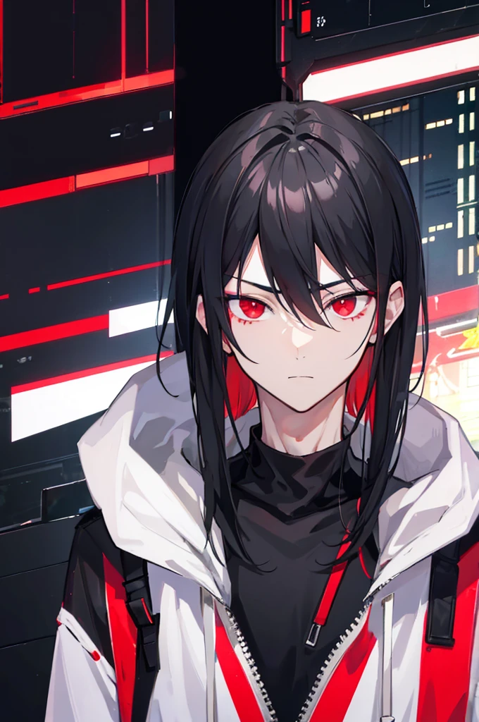 portrait, male, beauty, black hair, red eyes, cyberpunk, white jumper, black hoodie, friendly personality