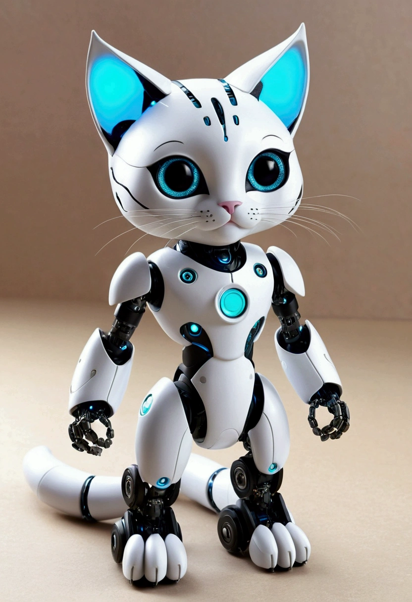 Draw a cute, masculine humanoid cat with robotic features. The cat must have a friendly and charismatic appearance, with big and expressive eyes. Your ears and tail must be cat's, but your legs and arms must have robotic elements, such as metal joints and visible circuit boards. Add details like a small digital display on one ear and soft LED lights on the arms and legs for added charm.. The male part must be visible and have a size of 17 cm. The setting could be a futuristic environment, but welcoming, like a room with high-tech elements and toys scattered across the floor.
