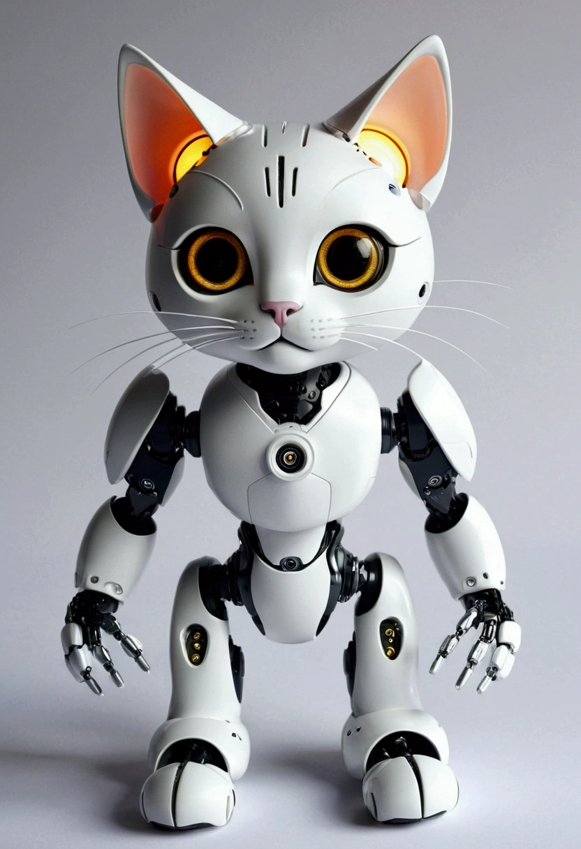 Draw a cute, masculine humanoid cat with robotic features. The cat must have a friendly and charismatic appearance, with big and expressive eyes. Your ears and tail must be cat&#39;s, but your legs and arms must have robotic elements, such as metal joints and visible circuit boards. Add details like a small digital display on one ear and soft LED lights on the arms and legs for added charm.. The male part must be visible and have a size of 17 cm. The setting could be a futuristic environment, but welcoming, like a room with high-tech elements and toys scattered across the floor.