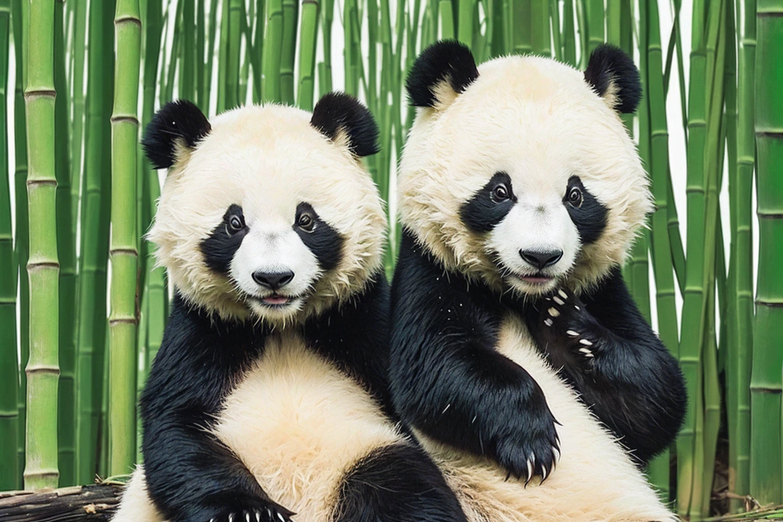 Highest quality　masterpiece　A girl who is good friends with a panda　Photo style　A background full of bamboo　Real