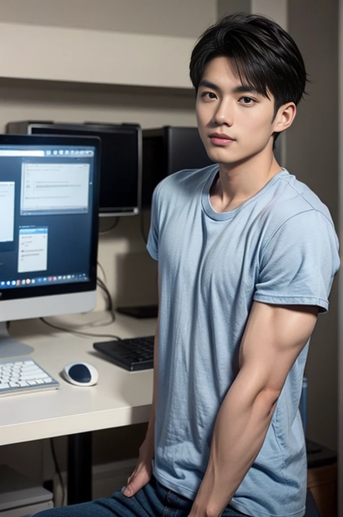 A young Asian man stands, handsome, muscular, looking at the camera. In a simple navy blue T-shirt., In the computer room