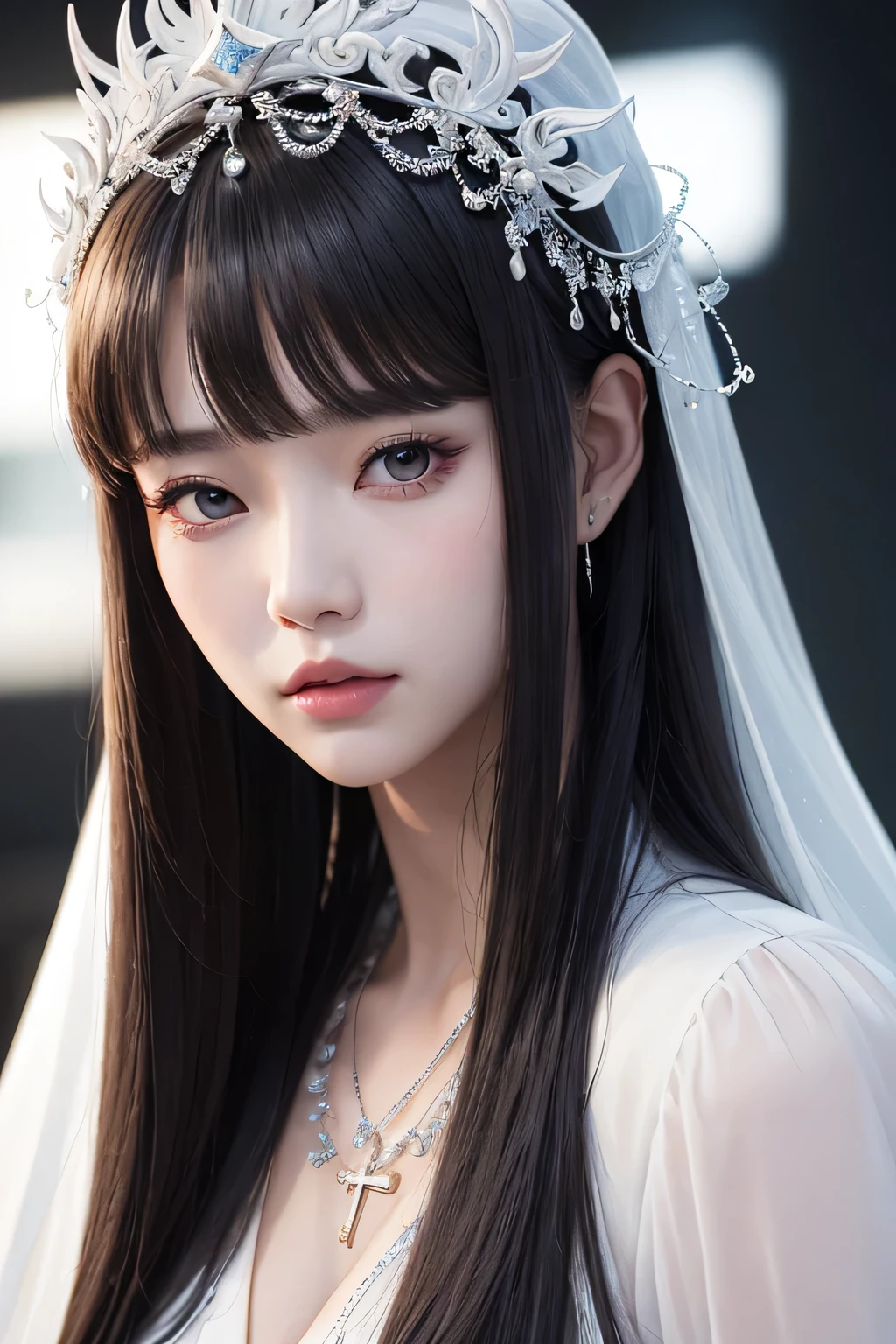 A close-up portrait of a young woman wearing a pristine white outfit and a cross necklace, iu lee ji-eun as a powerful supervillain, full body xianxia fantasy scene, sun yunjoo, jaeyeon nam, heonhwa choe, lee ji-eun, jinyoung shin, bae suzy, cai xukun, korean artist, jiyun chae, (best quality,4k,8k,highres,masterpiece:1.2),ultra-detailed,(realistic,photorealistic,photo-realistic:1.37),HDR,UHD,studio lighting,extreme detail description,vivid colors,cinematic lighting,dramatic atmosphere,powerful expression,intense gaze
