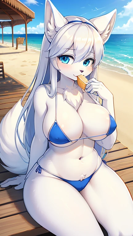 best quality, best resolution, (fluffy anthro furry), arctic fox girl, silver hair, blue eyes, (white fur), long straight hair, fox ears, big breast, sophisticated manner, (royal blue bikini), sitting on beach, pier boardwalk, eating a scoop of vanilla ice cream