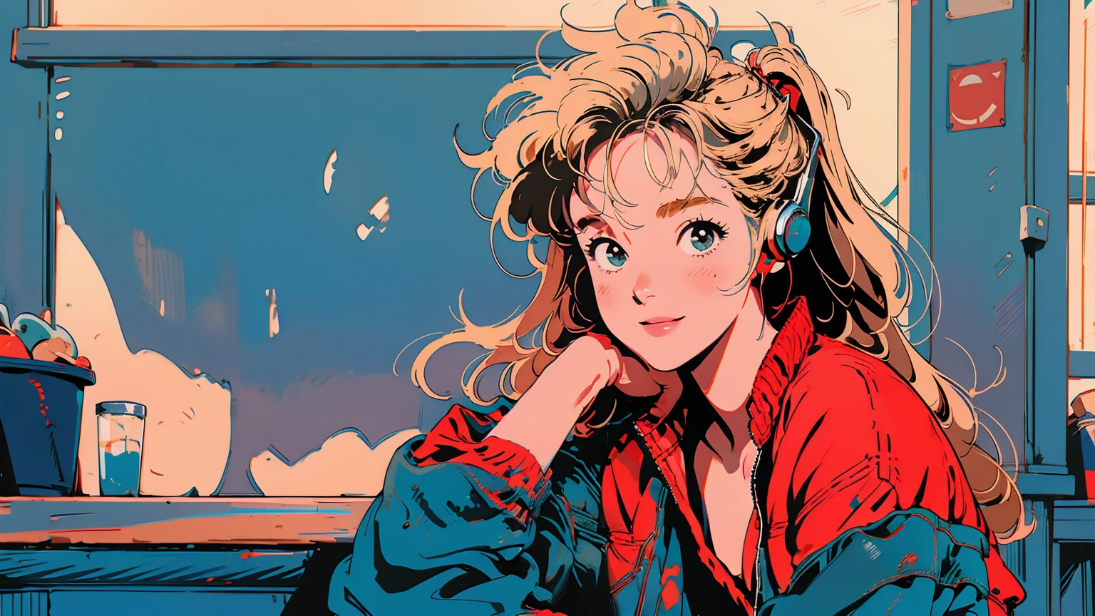 masterpiece、high resolution 8k、NSFW、sharp focus、contrast lighting、A cozy beach bar with a menu board, 1 girl, sitting on wooden stools,a red bikini top,blue denim jacket shorts,long blonde hair hair,smiling,headphone, a doorway leads to a sandy beach with a clear blue sky and a palm tree.
