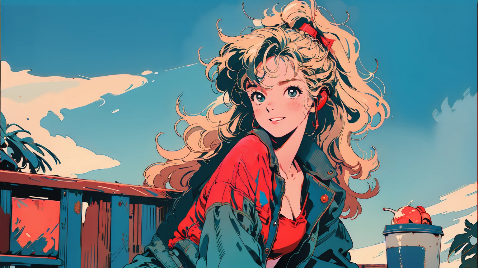 masterpiece、high resolution 8k、NSFW、sharp focus、contrast lighting、A cozy beach bar with a menu board, 1 girl, sitting on wooden stools,a red bikini top,blue denim jacket shorts,long blonde hair hair,smiling,headphone, a doorway leads to a sandy beach with a clear blue sky and a palm tree.
