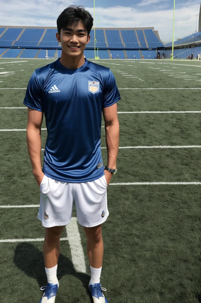 single: 1.5, (ที่TRUEแล้ว, Masterpiece, 8k HD, good light quality, sportswear, to fit the face, complicated details), A handsome Korean man with muscular arms.. , 20 years old, be happy, smile brightly, detailed face, delicate eyes, look at the sky, Wear a tight blue t-shirt.:1.6 ., black eyes, Black hair color, ผมsmooth, smooth,SurTRUE,Excellent details,Highest quality,TRUE,Open your mouth to talk.. , Close your eyes.., (standing in the football field:1.5)