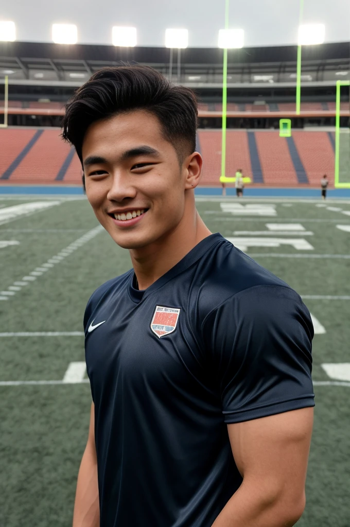 single: 1.5, (ที่TRUEแล้ว, Masterpiece, 8k HD, good light quality, sportswear, to fit the face, complicated details), A handsome Korean man with muscular arms.. , 20 years old, be happy, smile brightly, detailed face, delicate eyes, look at the sky, Wear a tight blue t-shirt.:1.6 ., black eyes, Black hair color, ผมsmooth, smooth,SurTRUE,Excellent details,Highest quality,TRUE,Open your mouth to talk.. , Close your eyes.., (standing in the football field:1.5)