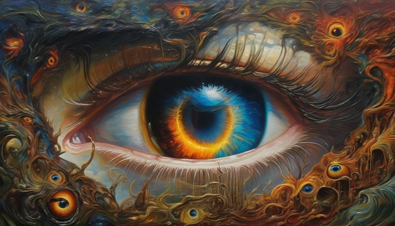 Devil's Eye imagination double exposition art paysager fantastique sombre, éclairage d'accentuation avec lumière soufflée, insane and complex details, bel oeil effrayant, superb detail of the oil painting, waterfall, nature, beautiful life