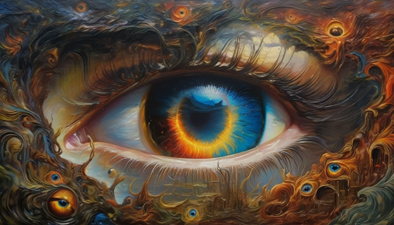 Devil's Eye imagination double exposition art paysager fantastique sombre, éclairage d'accentuation avec lumière soufflée, insane and complex details, bel oeil effrayant, superb detail of the oil painting, waterfall, nature, beautiful life