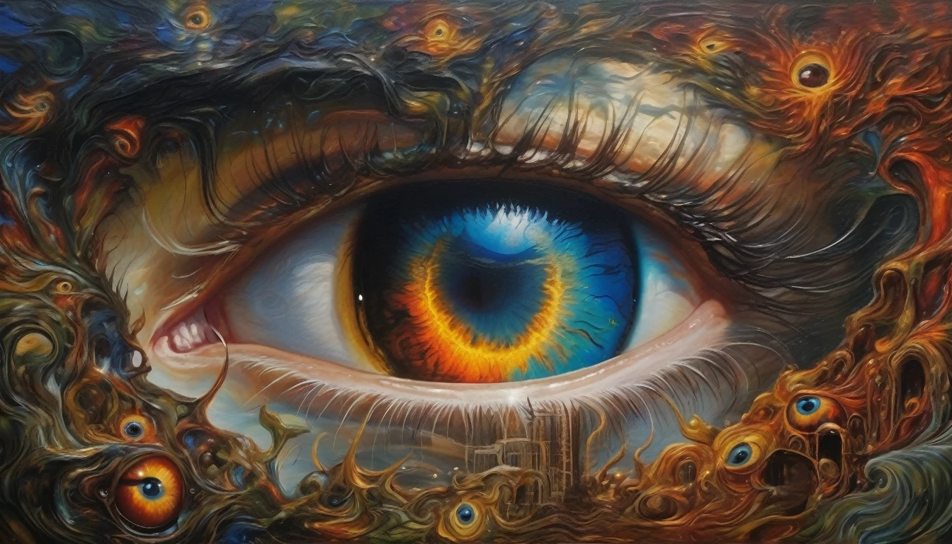 Devil's Eye imagination double exposition art paysager fantastique sombre, éclairage d'accentuation avec lumière soufflée, insane and complex details, bel oeil effrayant, superb detail of the oil painting, waterfall, nature, beautiful life
