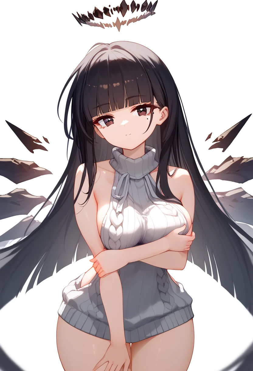 (score_9, score_8_up, score_7_up), 1girl, VirtuosaBase, cute, (chibi:0.7), black hair, blunt bangs, long hair, broken halo, energy wings, black eyes, mole under right eye, small breasts, virgin killer sweater, detached sleeves, gray sweater, single hand victory pose, hand on hip, leaning forward, looking at viewer, upper body, zoom out, white background, huge ass , ass , underboob ,under breasts , thighs , big thighs , thicc thighs , ass  , tanding split , standing spilt legs ,  thighs , side thighs , nude spreading legs , open legs , thighs , hips side, bottomless , no panties , no pants  , medium breasts , deep breasts grab , breast grab , grabbing breast