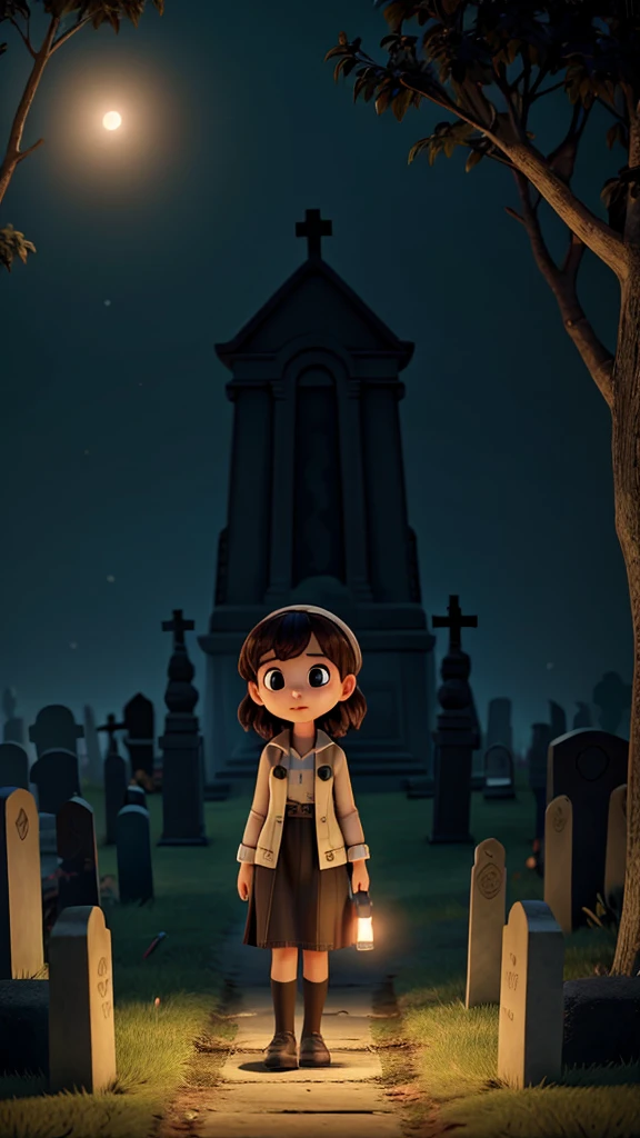 A young woman, cautiously entering the cemetery, holding a flashlight night scene, haunted,creepy, horror