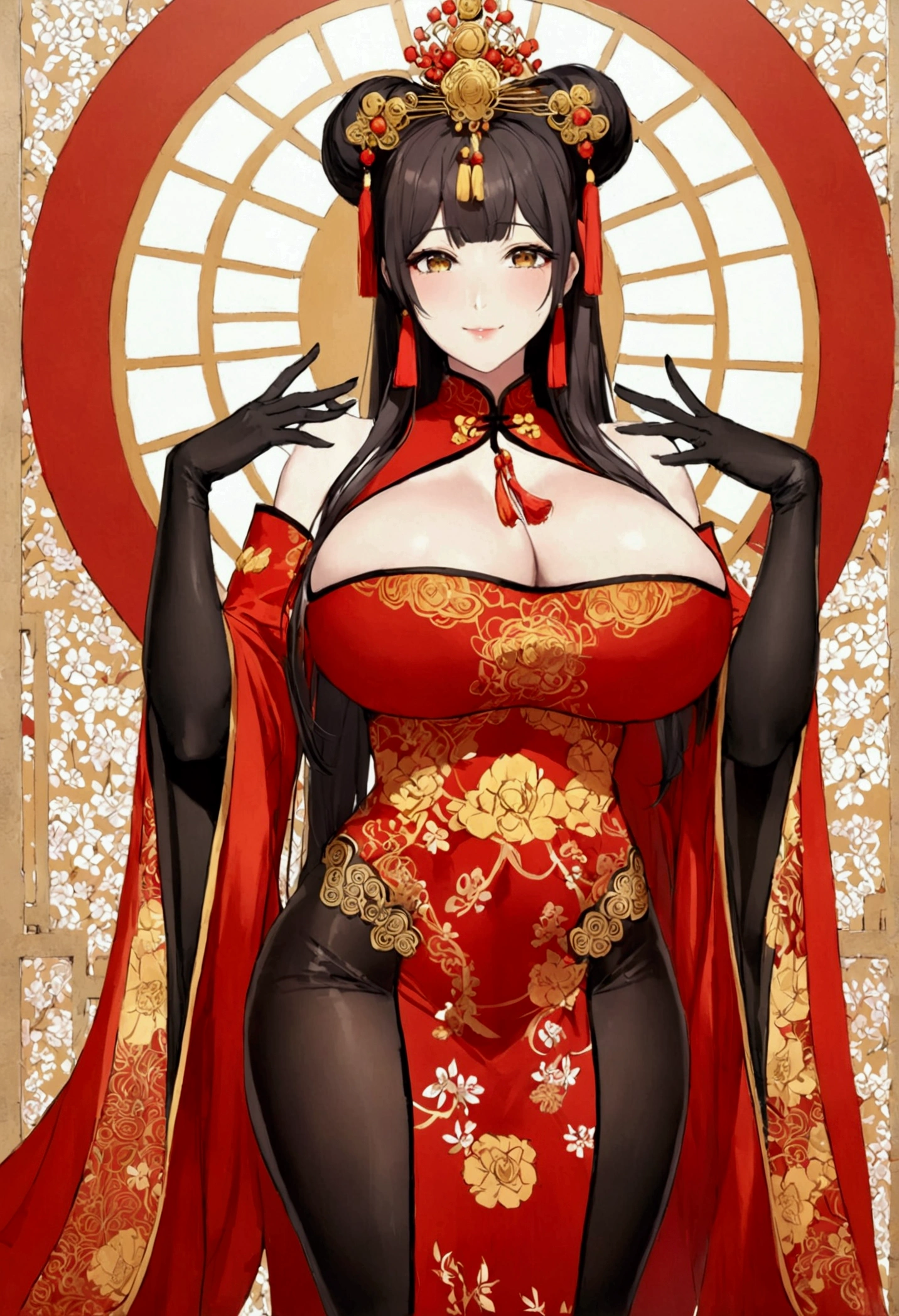 best quality masterpiece extremely detailed highres huge breasts Bodysuit Emperor chinese dress smile