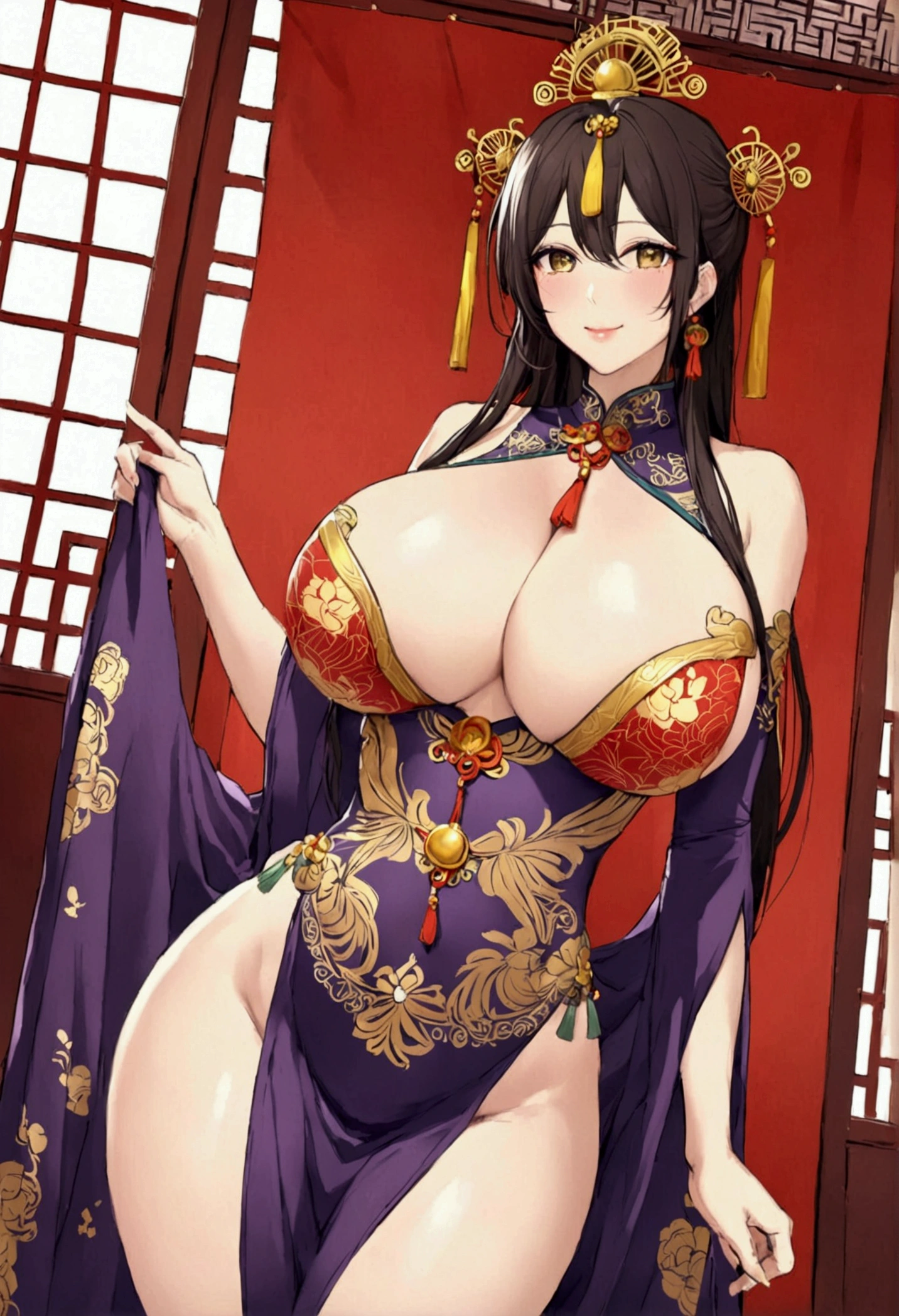 best quality masterpiece extremely detailed highres huge breasts Bodysuit Emperor chinese dress smile 