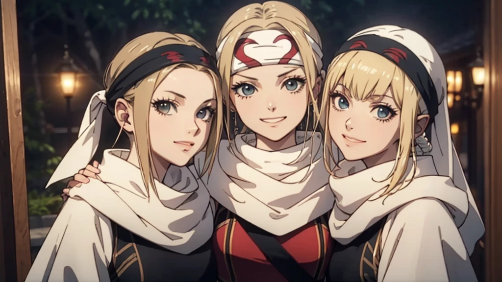 masterpiece best quality blonde、3girls standing、 cowl headband evil smile evil grin standing together hugging