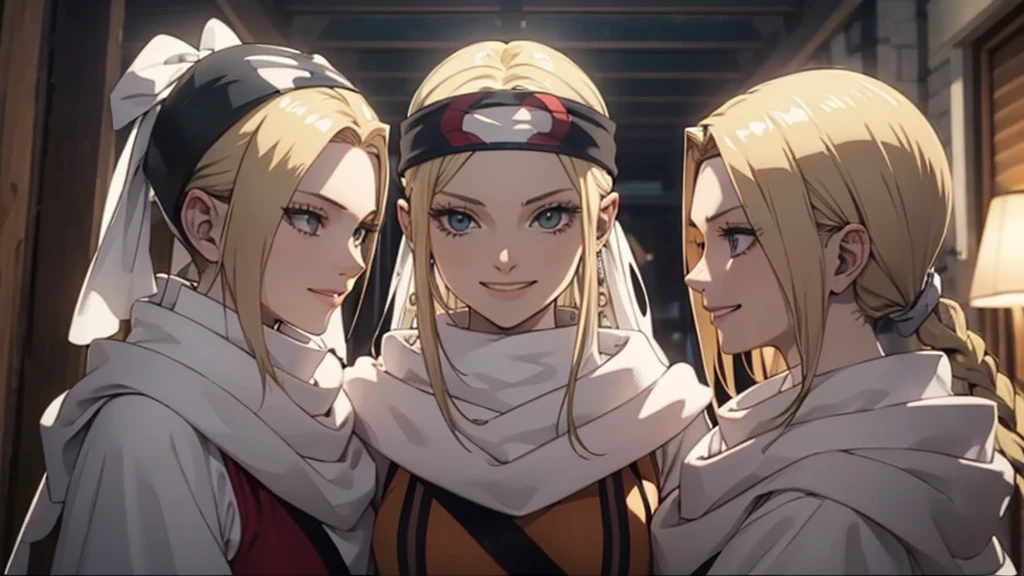  masterpiece best quality  blonde、3girls standing、 cowl  headband evil smile evil grin standing together hugging 