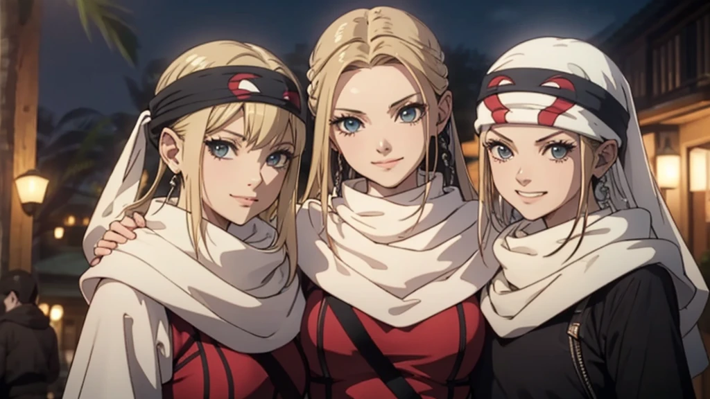  masterpiece best quality  blonde、3girls standing、 cowl  headband evil smile evil grin standing together hugging 