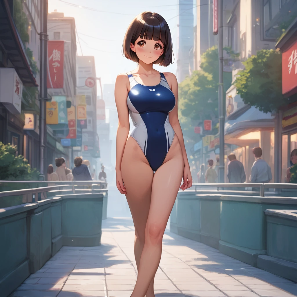 score_9,score_8_up,score_7_up,masterpiece,best quality, source anime, realistic, super detailed, extreme detailed, rating_safe,
1girl, walking, street, Tokyo, city,
BREAK girl, 22yo, short hair, bob cut, (blunt bangs), black hair, (tareme, detailed cute brown eyes), curled eyelashes, (large breasts:0.9),
shiny hair, beautiful detailed eyes, beautiful face,
blush, smile, (steam),
one-piece swimsuit,