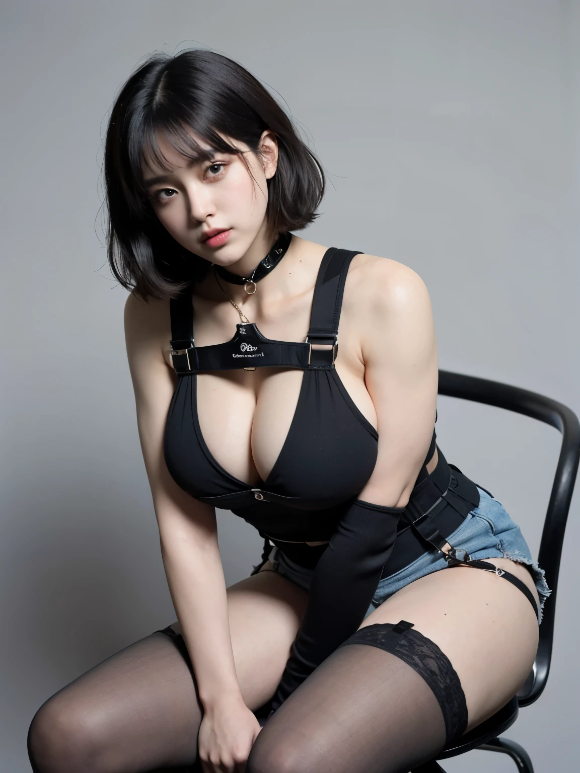 Cool beauty，Looks sweet，(bob hair), only wearing pink tanktop, denim hot pants, show clavage, ((wearing black full body harness, black stocking)), (show big thigh, plump body), huge breast, full body photo, sitting on the chair, gray background.