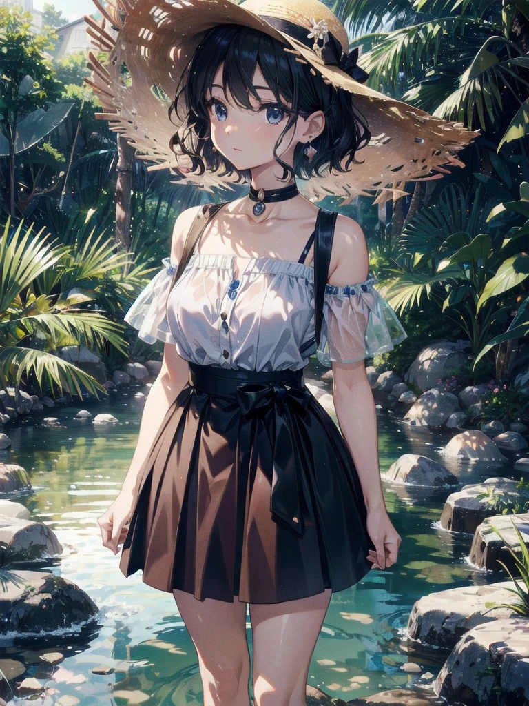 absurdres, RAW photo, extremely delicate and beautiful, masterpiece, Best Quality, ultra high resolution, 32k, hyperrealistic, ultra-detailed, perfect figure, Perfect Style, Perfect balance, in her 20s, very small head, very small face, delicate facial features, tearful mole, earring, very huge round breasts, full body shot, whole legs, short medium hair, wavy hair, outdoor, blouse, bare collarbone, skirt, straw hat,