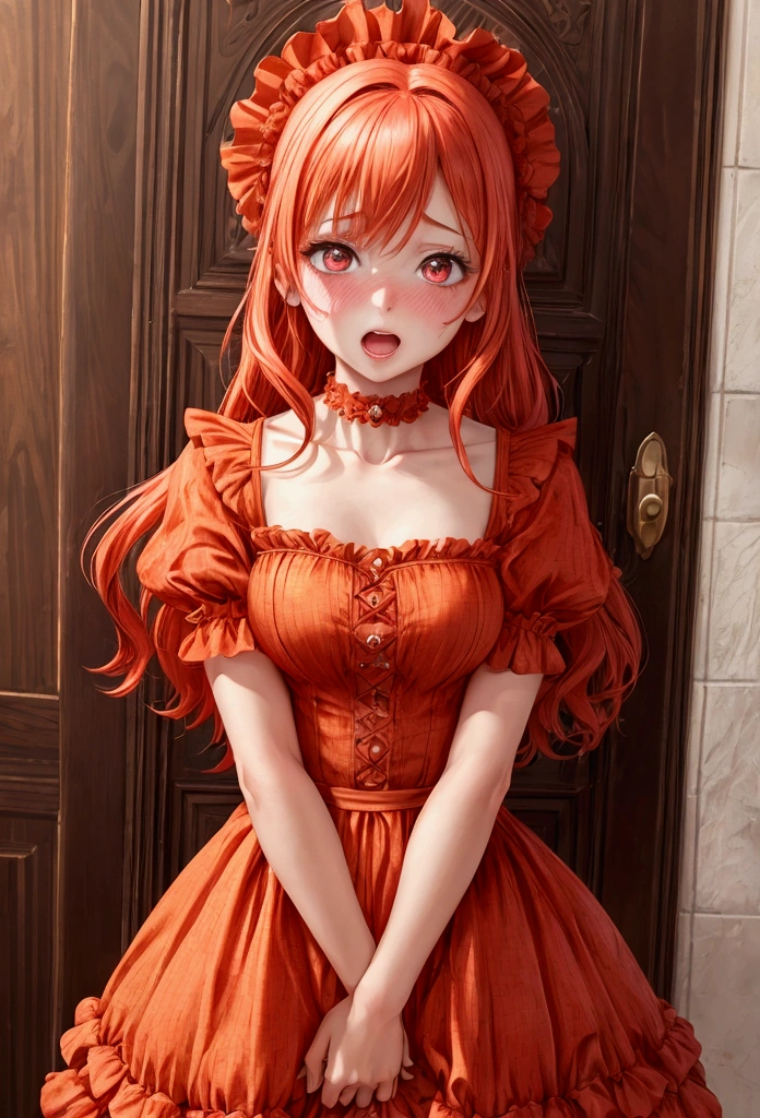 a girl with red or orange hair, embarrassed expression, highly detailed eyes, open mouth, blush, collarbone, frilled dress, upper body, WeriArt style, best quality, 4k, 8k, highres, masterpiece, ultra-detailed, realistic, photorealistic, photo-realistic