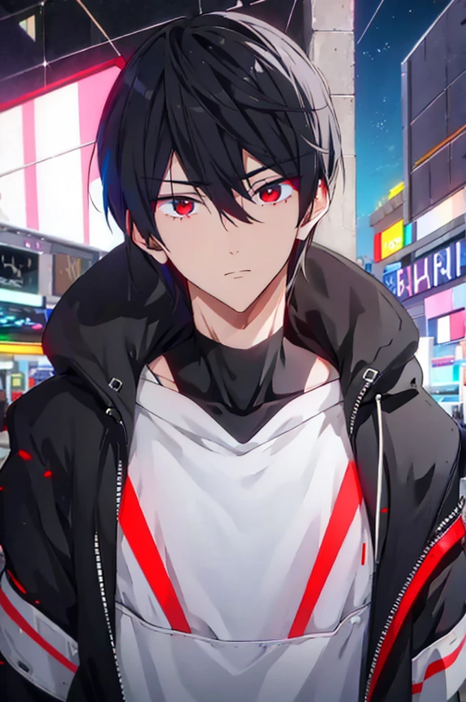 portrait, male, beauty, black hair, red eyes, cyberpunk, white jumper, black hoodie, kindness