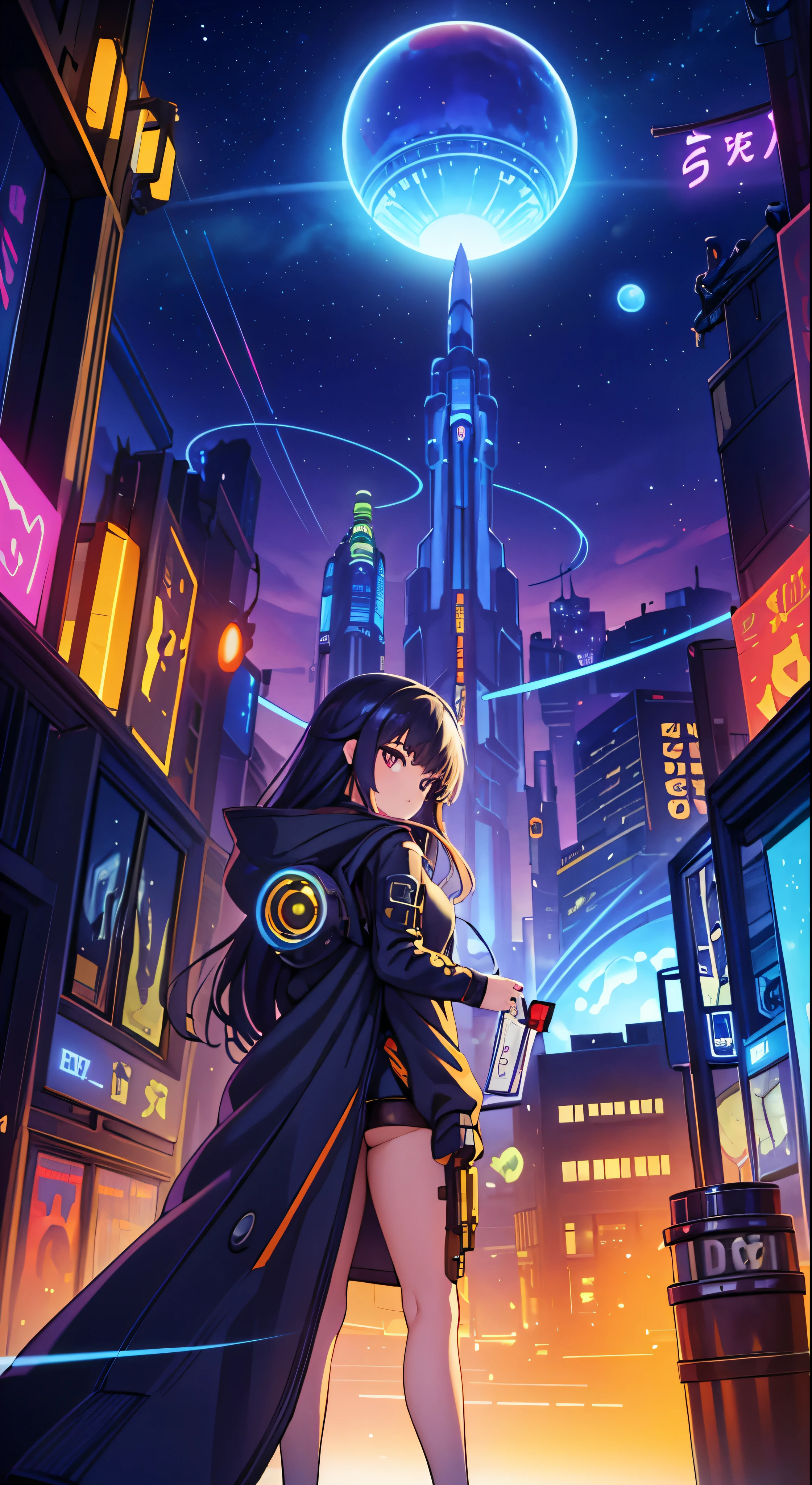 Woman standing in front of a painting of planets、Futuristic city in the background、Psytrance artwork、Interconnected Life Forms、Panoramic view of a girl、progressive rock album covers、Endless Dream、Stardust、Galaxy、Stoner Lock – AR 16:9 - In the 5th.1