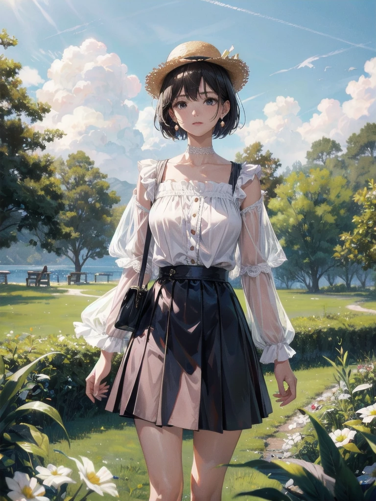 absurdres, RAW photo, extremely delicate and beautiful, masterpiece, Best Quality, ultra high resolution, 32k, hyperrealistic, ultra-detailed, perfect figure, Perfect Style, Perfect balance, in her 20s, very small head, very small face, delicate facial features, tearful mole, earring, very huge round breasts, full body shot, whole legs, short medium hair, wavy hair, outdoor, blouse, bare collarbone, skirt, straw hat,