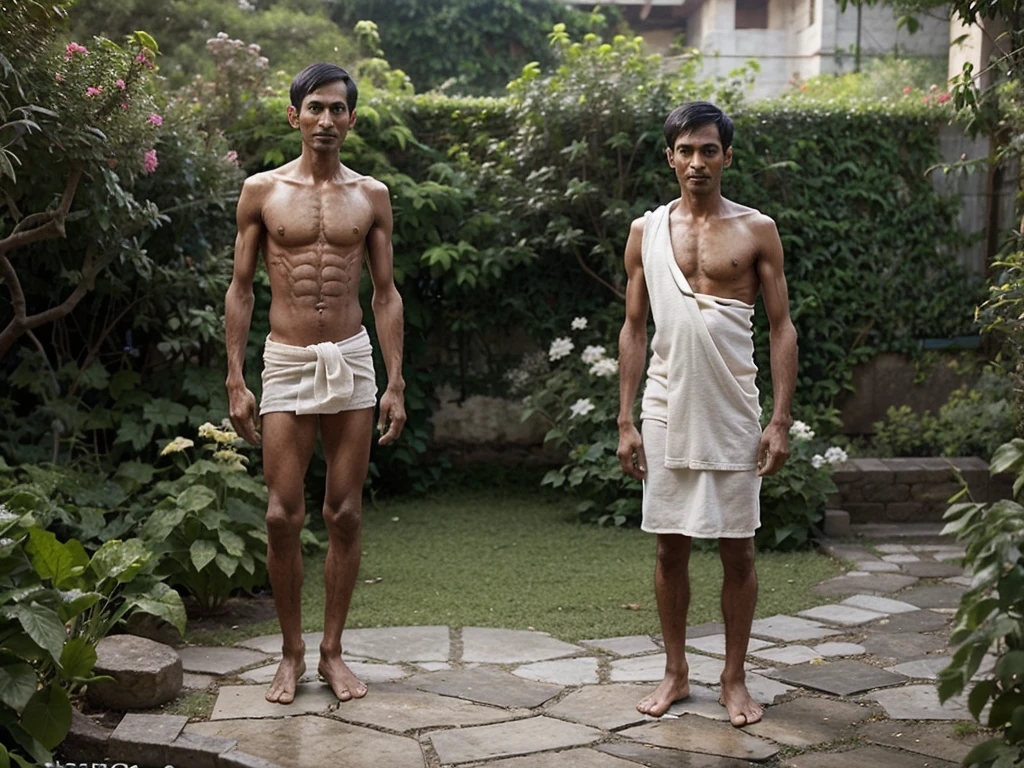 (((Emaciated))), short Indian man (((emaciated, short))) standing in a garden. He is wearing a towel.