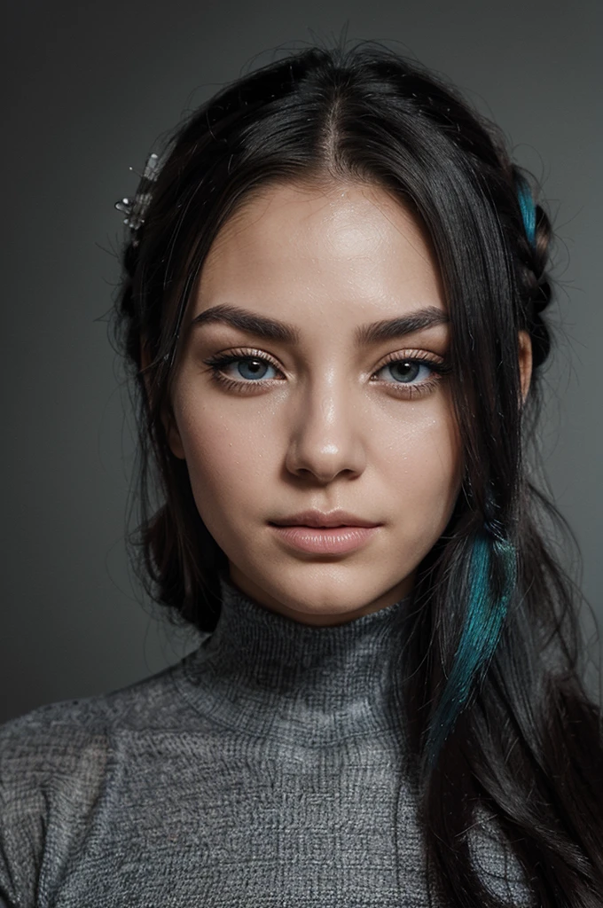 A girl with long blue hair. Her face is exquisite, with high cheekbones and smooth fair skin. Her large black eyes, framed by long thick eyelashes, are impressive and expressive, radiating calmness and confidence. Well-defined eyebrows curve gracefully above her eyes, adding intensity to her gaze. She has a small, straight nose and full, slightly parted lips that curve into a slight smile, revealing hints of mischief and allure. Her sharp, well-defined jawline gives her face a refined and elegant appearance. The image is a monochrome portrait of an individual with a tiki mask for a head, replacing the original description of the woman. The tiki mask introduces a layer of iridescent and translucent colors that shimmer with a spectrum reminiscent of an oil spill or soap bubble, against the grayscale of the photograph. The opalescent digital glitch effect is placed above the mask, adding a colorful, ethereal quality. Though the mask is the focal point, it is suggested that the individual's hair is styled in a carefree bun atop their head, and they are wearing a high-neck top, suggesting a turtleneck, which adds to the portrait’s elegant simplicity. The expression, though obscured, suggests neutrality. The background is uniformly light, contrasting with the individual’s dark attire and the colorful, ethereal quality of the glitch.