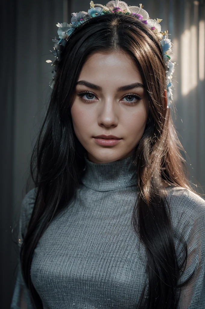 A girl with long blue hair. Her face is exquisite, with high cheekbones and smooth fair skin. Her large black eyes, framed by long thick eyelashes, are impressive and expressive, radiating calmness and confidence. Well-defined eyebrows curve gracefully above her eyes, adding intensity to her gaze. She has a small, straight nose and full, slightly parted lips that curve into a slight smile, revealing hints of mischief and allure. Her sharp, well-defined jawline gives her face a refined and elegant appearance. The image is a monochrome portrait of an individual with a tiki mask for a head, replacing the original description of the woman. The tiki mask introduces a layer of iridescent and translucent colors that shimmer with a spectrum reminiscent of an oil spill or soap bubble, against the grayscale of the photograph. The opalescent digital glitch effect is placed above the mask, adding a colorful, ethereal quality. Though the mask is the focal point, it is suggested that the individual's hair is styled in a carefree bun atop their head, and they are wearing a high-neck top, suggesting a turtleneck, which adds to the portrait’s elegant simplicity. The expression, though obscured, suggests neutrality. The background is uniformly light, contrasting with the individual’s dark attire and the colorful, ethereal quality of the glitch.