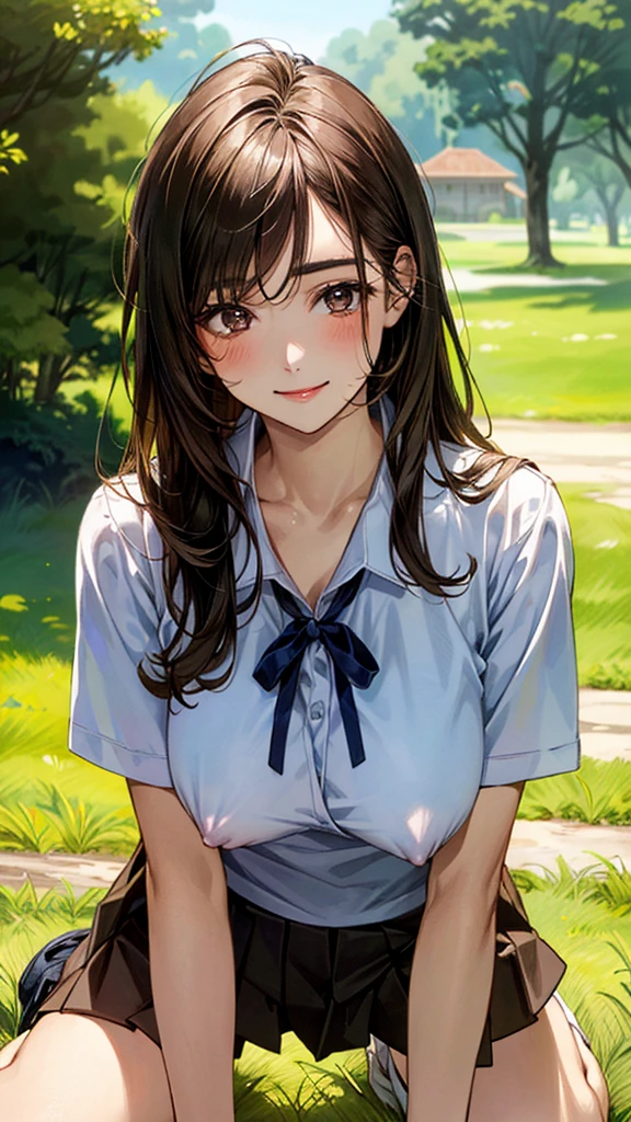 (masterpiece:1.2, top-quality, ultra high res, ultra detailed), (realistic, photorealistic:1.4), beautiful illustration, (natural side lighting, movie lighting),
looking at viewer, (face focus, upper body), 1 girl, japanese, high school dirl, perfect face, (perfect anatomy), cute and symmetrical face, baby face, shiny skin, slender
(long hair:1.5, straight hair:1.2, sark brown hair), parted bangs, grey eyes, long eye lasher, (medium breasts),
beautiful hair, beautiful face, beautiful detailed eyes, beautiful clavicle, beautiful body, beautiful chest, beautiful thigh, beautiful legs,
((detailed cloth texture, short sleeve white collared shirts, navy blue pleated mini skirt, red neck ribbon), , ,
(beautiful scenery), hands on chest, (lovely smile, upper eyes), IA girl is on all fours in a grassy field. A large dog is hugging her back.
Her face is bright red, her brow is furrowed, her mouth is open, and she looks delighted. Her large breasts and nipples are standing out, even through her shirt. The skirt is shorter than normal, but even shorter. The girl has brown hair.
(Very short skirt).