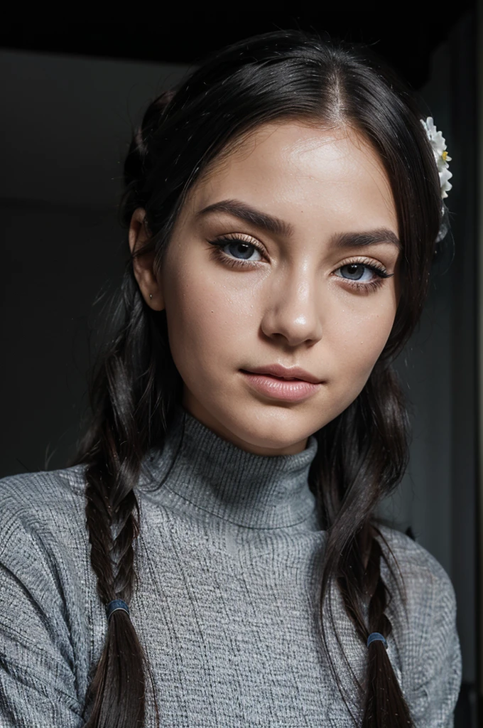 A girl with long blue hair. Her face is exquisite, with high cheekbones and smooth fair skin. Her large black eyes, framed by long thick eyelashes, are impressive and expressive, radiating calmness and confidence. Well-defined eyebrows curve gracefully above her eyes, adding intensity to her gaze. She has a small, straight nose and full, slightly parted lips that curve into a slight smile, revealing hints of mischief and allure. Her sharp, well-defined jawline gives her face a refined and elegant appearance. The image is a monochrome portrait of an individual with a tiki mask for a head, replacing the original description of the woman. The tiki mask introduces a layer of iridescent and translucent colors that shimmer with a spectrum reminiscent of an oil spill or soap bubble, against the grayscale of the photograph. The opalescent digital glitch effect is placed above the mask, adding a colorful, ethereal quality. Though the mask is the focal point, it is suggested that the individual's hair is styled in a carefree bun atop their head, and they are wearing a high-neck top, suggesting a turtleneck, which adds to the portrait’s elegant simplicity. The expression, though obscured, suggests neutrality. The background is uniformly light, contrasting with the individual’s dark attire and the colorful, ethereal quality of the glitch.