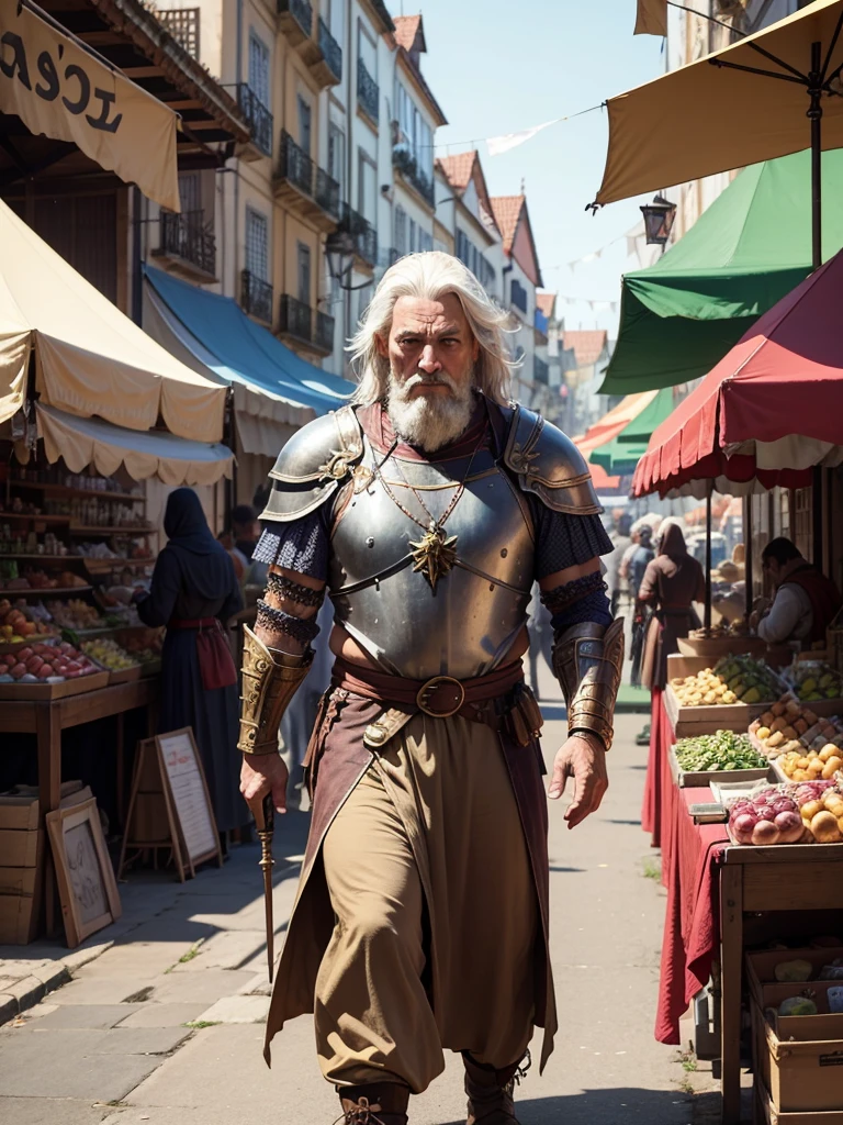 Street market in a medieval fantasy world, tents set up along the street, many people, algumas vestem armors, others wear simple clothes, some wear noble attire, some people are tall and strong, some people are fat. swords, armors, potions, jewelly, gem stones, objetos mágicos e potions estavam sendo vendidos no mercado.