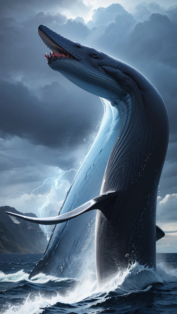 A blue whale middle an ocean and ready to swallow a man. Storm everywhere. Dark sky.