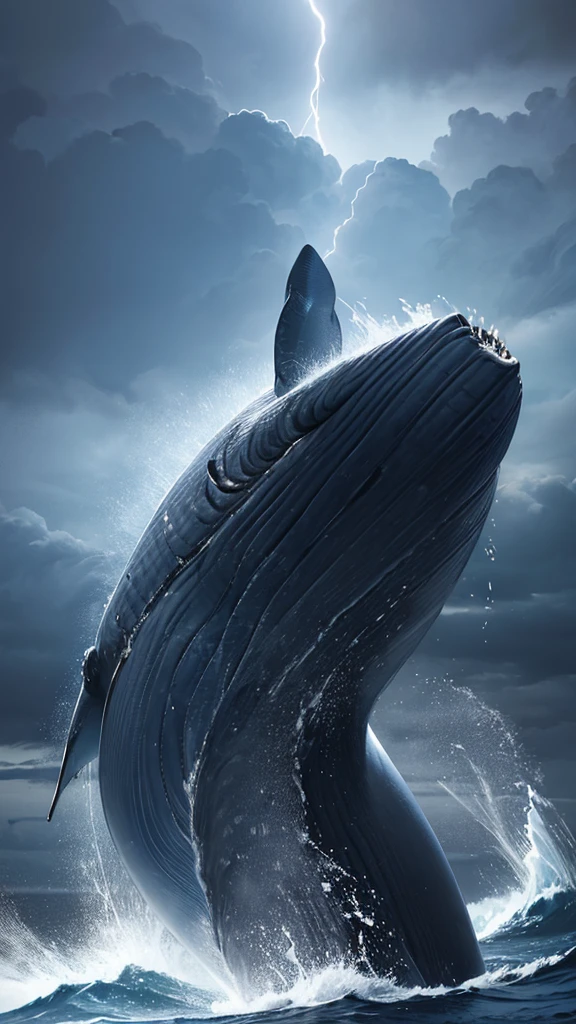 A blue whale middle an ocean and ready to swallow a man. Storm everywhere. Dark sky.