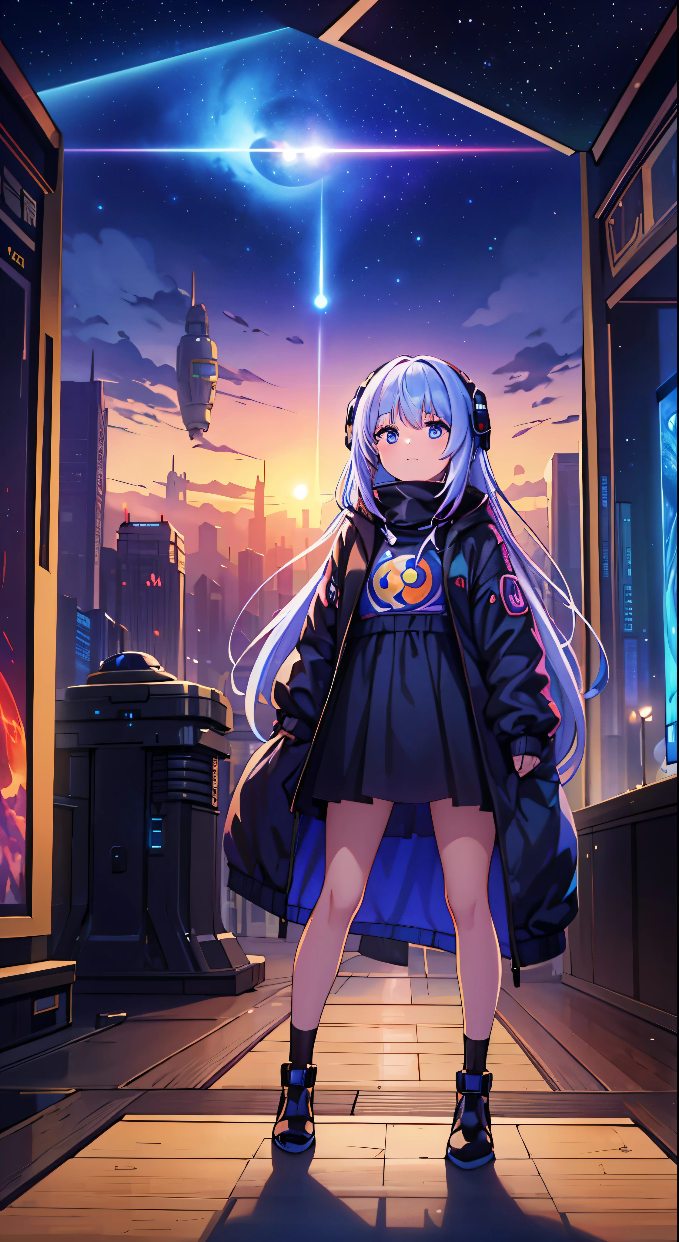 Woman standing in front of a painting of planets、Futuristic city in the background、Psytrance artwork、Interconnected Life Forms、Panoramic view of a girl、progressive rock album covers、Endless Dream、Stardust、Galaxy、Stoner Lock – AR 16:9 - In the 5th.1