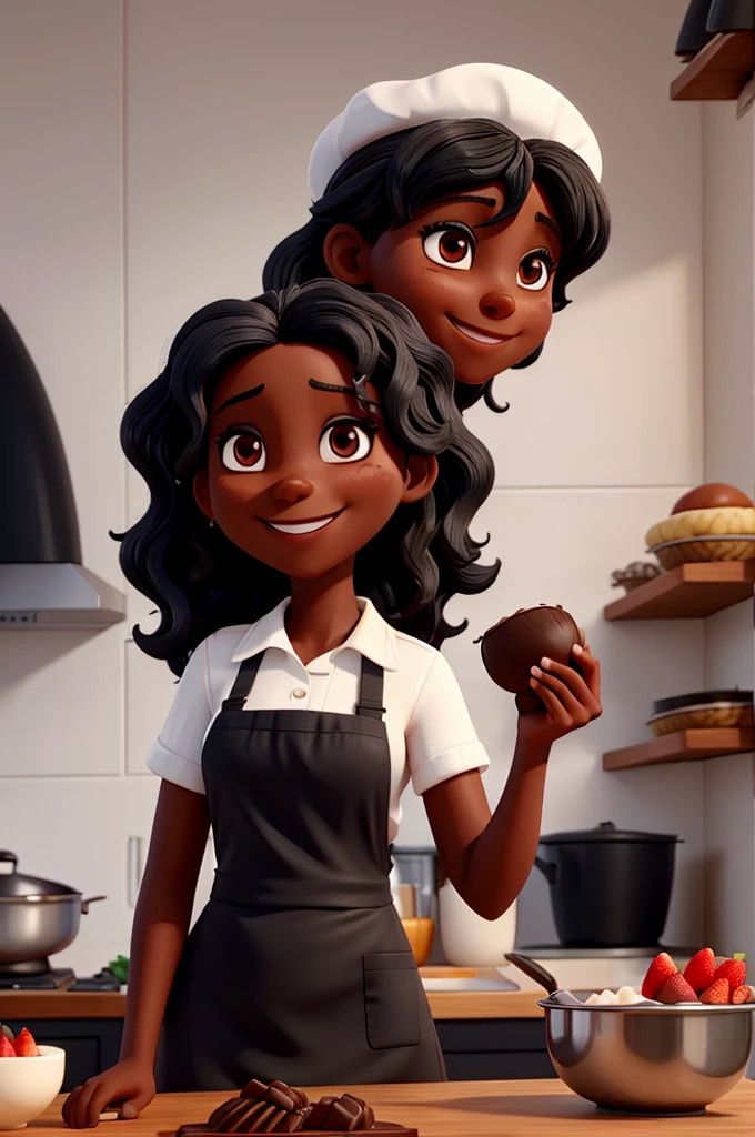 Friendly and smiling lady, with black skin, black wavy hair, dressed in white cook uniform and chef cap, making chocolate and strawberry cakes.