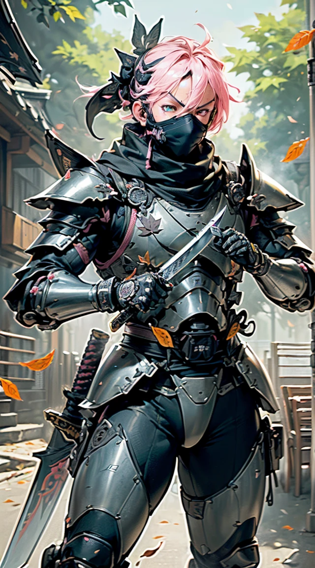 1boy,(tabletop,extremely detailed,Heavy fuses,Hard surface),(Concept art:1.1),(Armored core style:0.8),A man in robo ninja armor is tying a seal,(Full armor:1.4),( tactical ninja mask:1.5),(light pink body:1.1),(long legs:1.1),(Equipped with a sword on the back:1.3),(One detailed eye:1.3),(One detailed face:1.3) ,(Weapons detailed:1.3),(body detailed:1.3),((full bodyesbian:1.5)),(In the background, Leaves dance in the air because of the wind..:1.5),natural